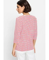 Olsen Women's 100% Cotton 3/4 Sleeve Striped T-Shirt