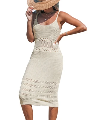 Cupshe Women's Beige Waffle Knit Scoop Neck Sleeveless Midi Cover-Up