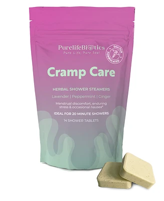 PurelifeBiotics Cramp Care: Enjoy Lavender & Peppermint's Comforting Embrace for Period Pain & Stress Relief |14 Standard Tablets | 20 Minute Showers