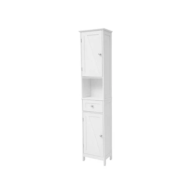 Merrick Lane Delilah Slim Linen Tower Organizer With Storage Drawer, Upper And Lower Cabinets With Magnetic Closure Doors And Open Shelf