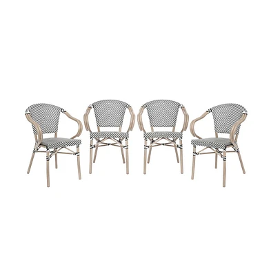 Merrick Lane Mael Set Of Four Stacking Thonet Bistro Style Chair With Arms, Textilene Seat, And Bamboo Finished Metal Frame For Indoor/Outdoor Use