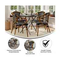 Merrick Lane Sacha Set Of Four Stacking Thonet Bistro Style Chair With Arms, Pe Rattan Seat, And Bamboo Metal Frame For Indoor/Outdoor Use