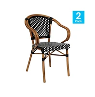 Merrick Lane Sacha Set Of Two Stacking Thonet Bistro Style Chair With Arms, Pe Rattan Seat, And Bamboo Metal Frame For Indoor/Outdoor Use