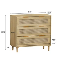 Streamdale Furniture 31.5"Oak 3-Drawer Rattan Storage Cabinet for Any Room