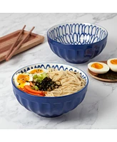 Tabletops Unlimited 6.5" Cobalt Cafe Fluted Stoneware Ramen Noodle Bowls, Set of 2