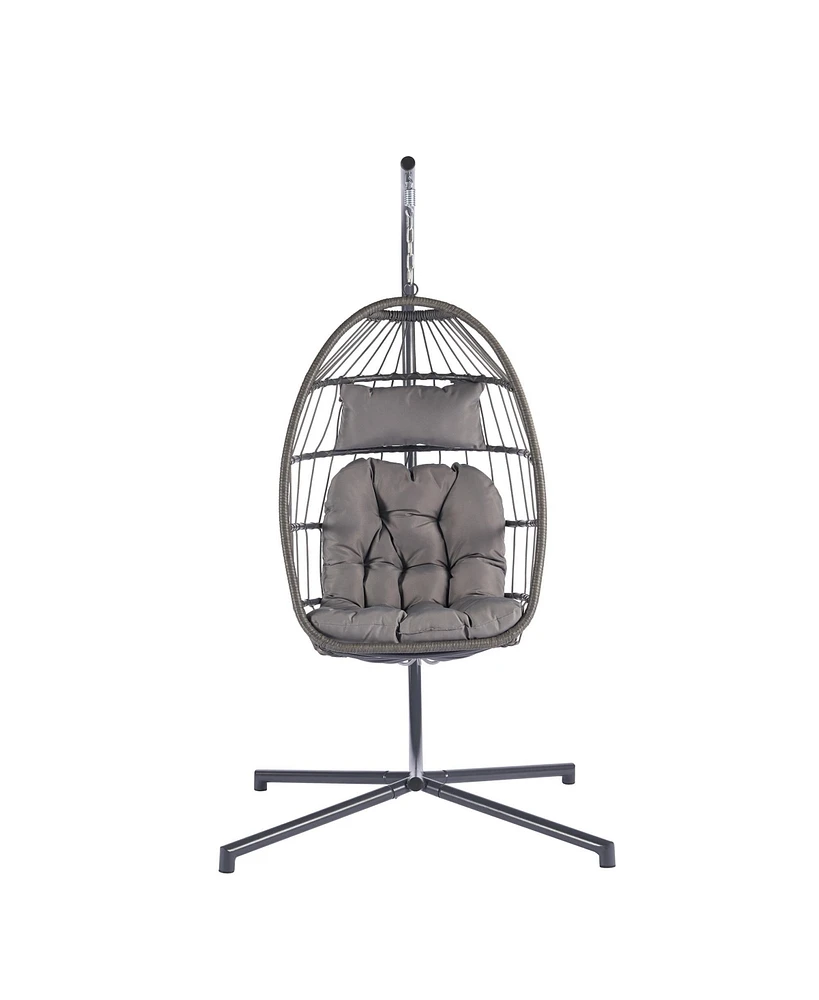 Simplie Fun Outdoor Garden Rattan Egg Swing Chair Hanging Chair Light Gray Cushion