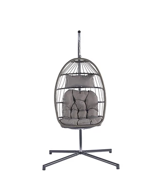 Simplie Fun Outdoor Garden Rattan Egg Swing Chair Hanging Chair Light Gray Cushion