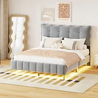 Streamdale Furniture Queen Velvet Platform Bed With Led Frame And Stylish Mental Legs