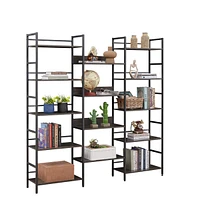 Triple Wide 5-shelf Bookshelves Industrial Retro Wooden Style Home and Office Large Open Bookshelves, Dark Grey, 69.3 Console Table x 11.8 Console Tab