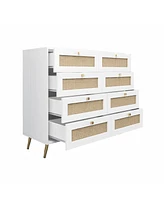 Streamdale Furniture White Color 8 Drawers Chest Of Drawers With Rattan Drawer Face Golden Legs And Handles