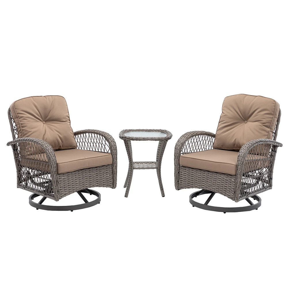 Streamdale Furniture 3 Outdoor Swivel Rocker Chairs with Cushions & Table