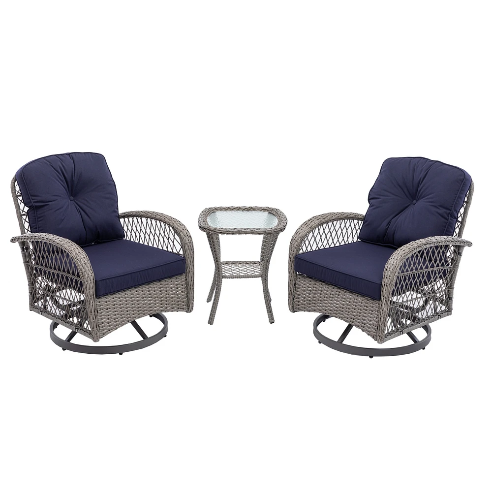 Simplie Fun Navy Blue Outdoor Swivel Rocker Chair Set with Cushions
