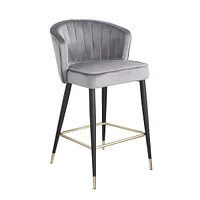 Gray Velvet Counter Height Stool with Gold Tipped Legs