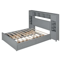 Queen Wooden Bed With All-In-One Cabinet, Shelf And Sockets