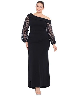 Xscape Plus Off-The-Shoulder Floral-Sleeve Gown