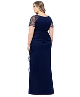 Xscape Plus Beaded Illusion-Sleeve V-Neck Gown