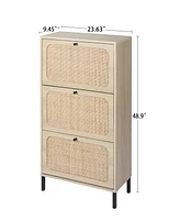 Streamdale Furniture Natural Rattan 3 Door Shoe Rack, Freestanding Modern Shoe Storage Cabinet, For Entryway