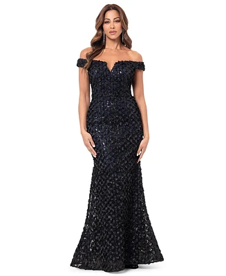 Xscape Women's 3D Sequin Off-The-Shoulder Gown