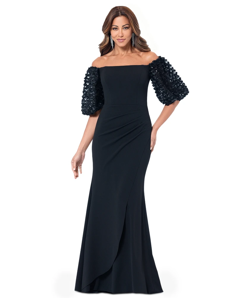 Xscape Women's 3D Floral-Sleeve Off-The-Shoulder Gown