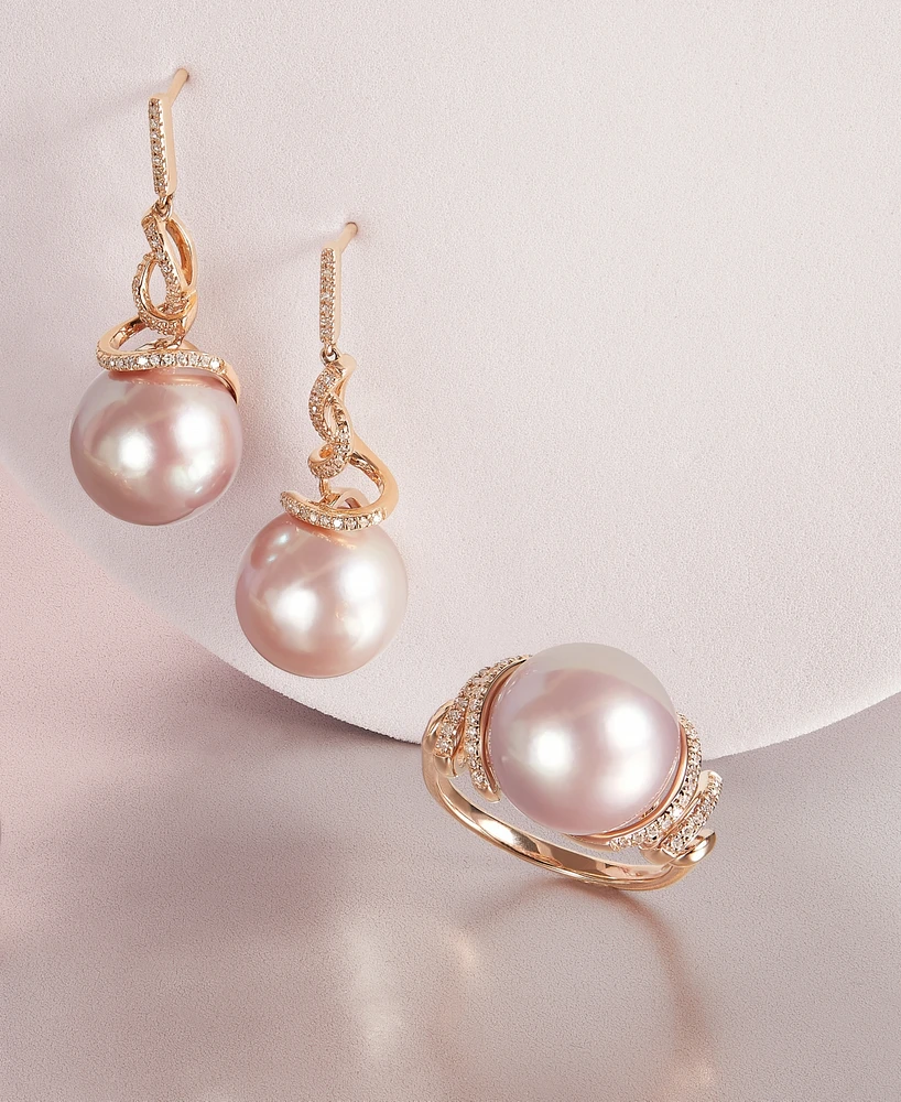 Honora Pink Cultured Ming Pearl (12mm) & Diamond (1/8 ct. t.w.) Drop Earrings in 14k Rose Gold