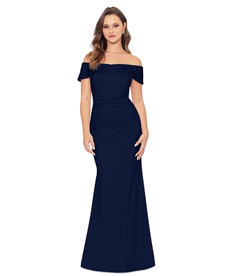 Betsy & Adam Petite Beaded Off-The-Shoulder Gown