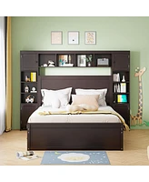 Queen Wooden Bed With All-In-One Cabinet, Shelf And Sockets