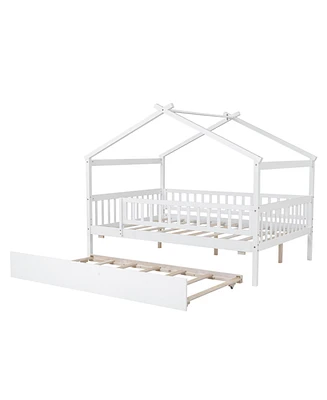 Simplie Fun Full Size Wooden House Bed With Twin Size Trundle