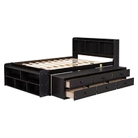Full Bed With Bookcase Headboard, Under Bed Storage Drawers And Bed End Storage Case, Espresso