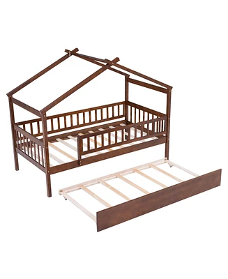 Simplie Fun Twin Wooden House Bed With Trundle