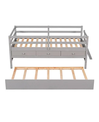 Simplie Fun Low Loft Bed Twin with Full Safety Fence, Climbing ladder, Storage Drawers and Trundle Espresso Solid Wood
