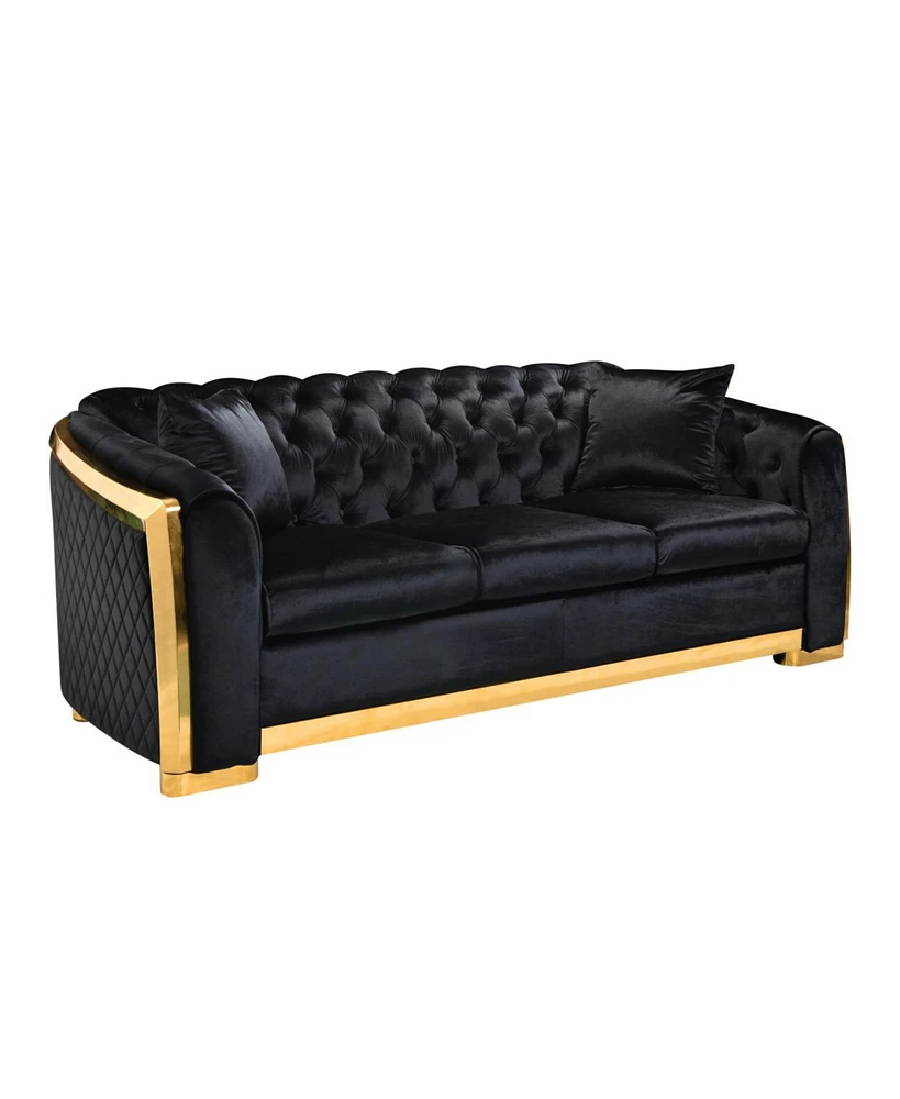 Simplie Fun 84" Tufted Velvet Sofa Set, Black with Gold Stainless