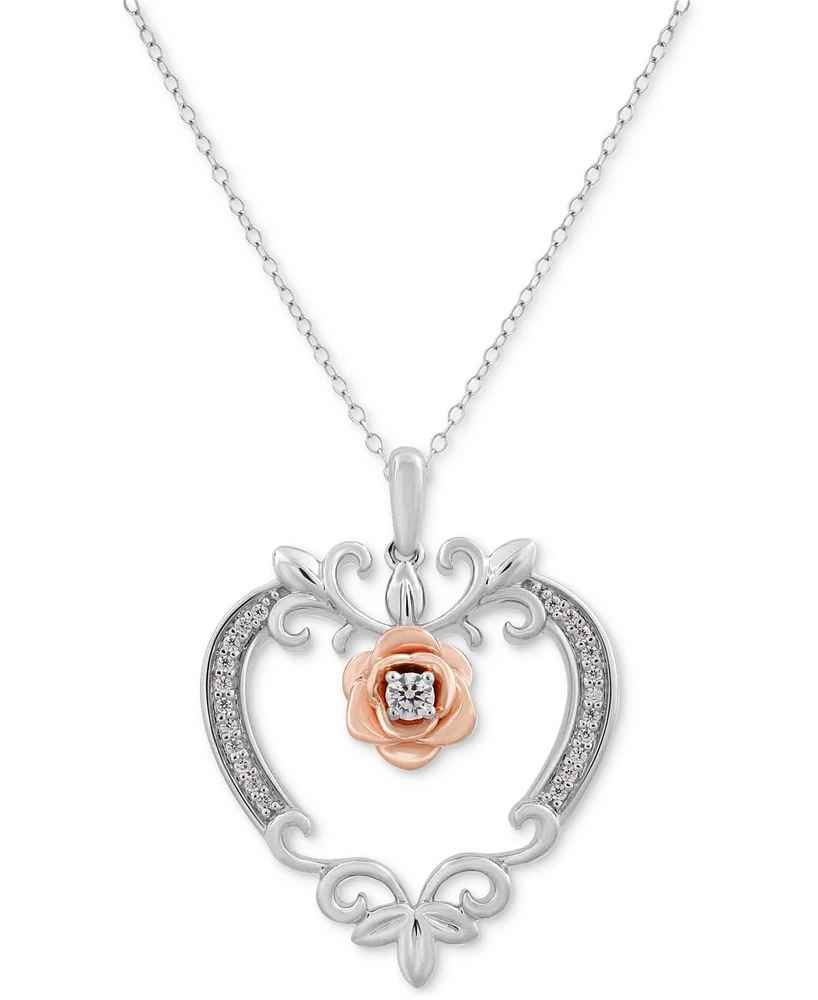 Diamond Belle Heart & Rose Pendant Necklace (1/10 ct. t.w.) in Sterling Silver & Rose Gold-Plate, 16" + 2" extender