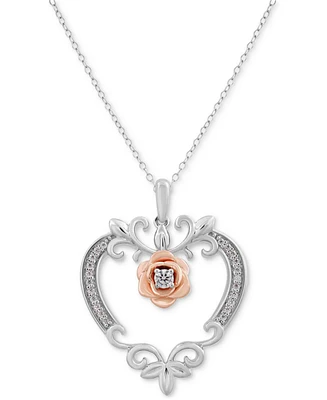 Diamond Belle Heart & Rose Pendant Necklace (1/10 ct. t.w.) in Sterling Silver & Rose Gold-Plate, 16" + 2" extender