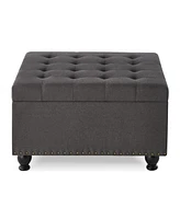 Dark Grey Square Ottoman with Storage, Button Tufted & Nail Trim for Living Room