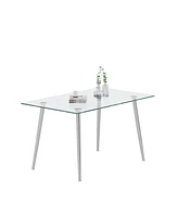 Simplie Fun 0.32" Thick Tempered Glass Top Dining Table With Silver Stainless Steel Legs