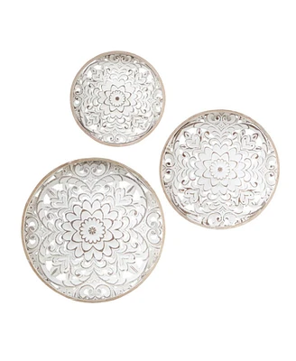 Simplie Fun Medallion Trio Distressed White Floral 3-Piece Carved Wood Wall Decor Set