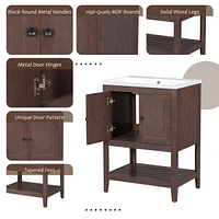 24" Bathroom Vanity Base Only, Solid Wood Frame, Bathroom Storage Cabinet with Doors and Open Shelf, Brown