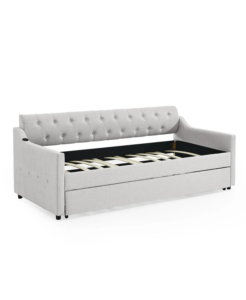 Simplie Fun Twin Size Upholstery Day Bed With Twin Size Erectable Trundle And Usb Charging Design