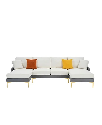 Simplie Fun Linen+Leathaire U-Shaped Sofa Set, Gray+White