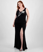 City Studios Trendy Plus Split-Neck High-Slit Scuba Gown