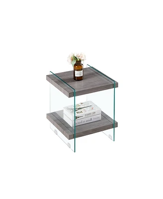 Simplie Fun 17.72" Sleek and Sturdy Tempered Glass Leg Side Table with Dual Mdf Shelves, Modern nightstand end table for living room, bedroom, transpa