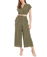 London Times Women's V-Neck Belted Wide-Leg Jumpsuit