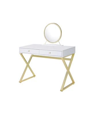 Simplie Fun Coleen Vanity Desk with Mirror & Jewelry Tray In White & Gold Finish