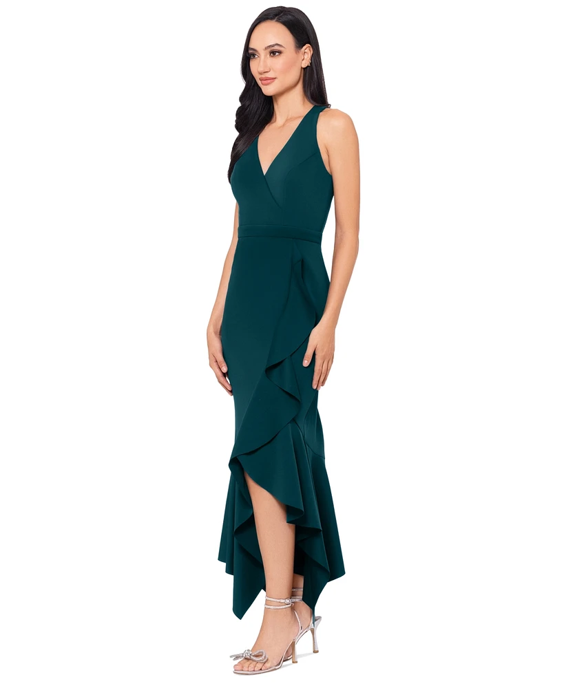 Xscape Women's V-Neck Sleeveless Ruffled High-Low Dress