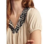 Lucky Brand Women's Embroidered Tie-Neck Peasant Top