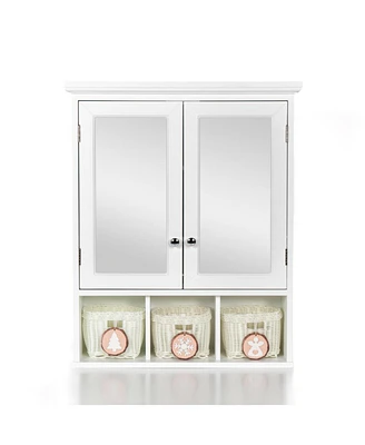 Streamdale Furniture White Wood Wall Cabinet with Mirrored Doors & Storage Baskets