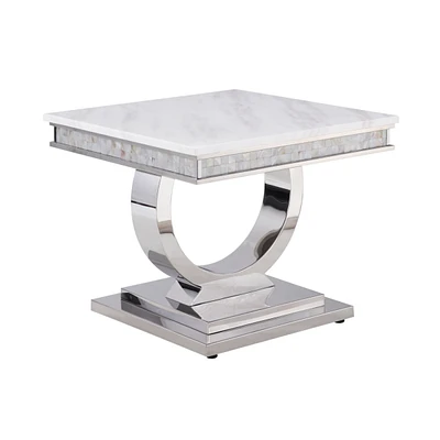 Simplie Fun Zander End Table, White Printed Faux Marble & Mirrored Silver Finish