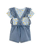 Andy & Evan Little Girls Toddler/Child Blue Daisy Rib Knit Tee & Denim Shortall Set