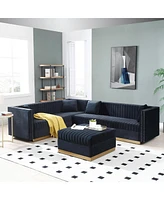 Modern Black Velvet Sectional Sofa with Ottoman