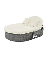 Simplie Fun Gray Rattan Outdoor Daybed with Cushions and Cup Trays